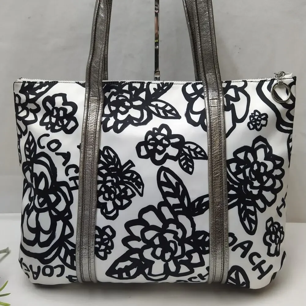 Coach Poppy Multicolor Satin Leather Trim Zipper Pocket Tote Shoulder Bag